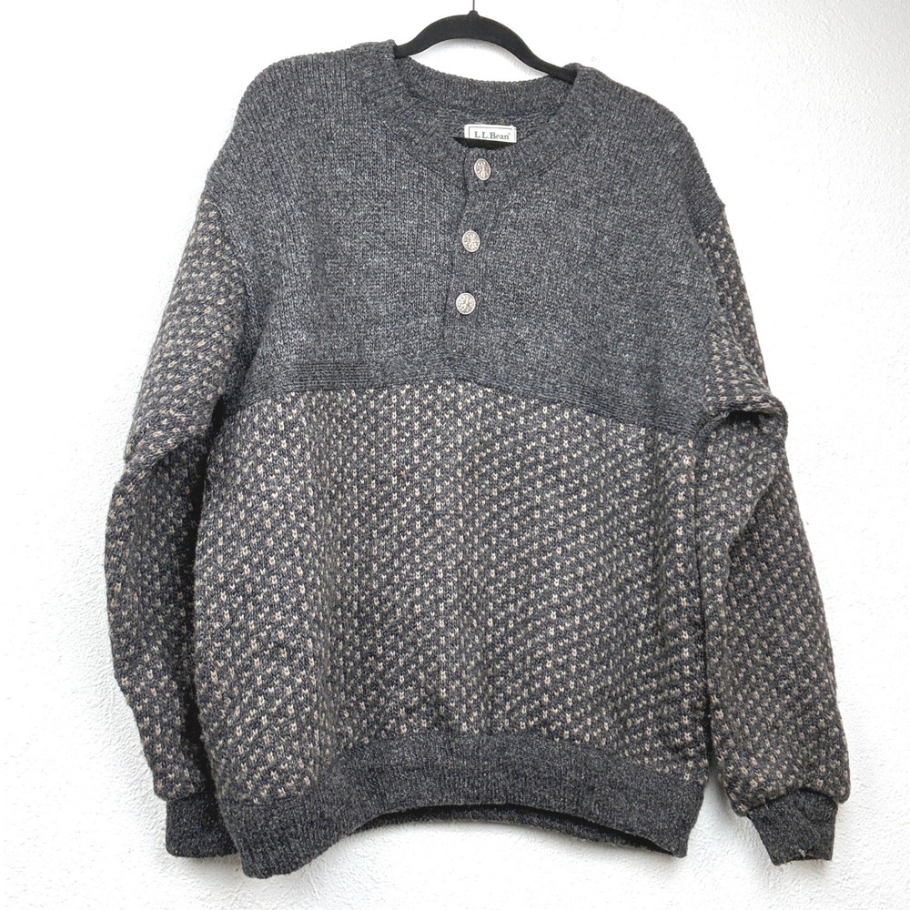 Vintage L.L.Bean Norwegian Birdseye Wool Sweater Men's L Gray Henley